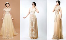 Mẫu áo dài cưới màu nude cho cô dâu