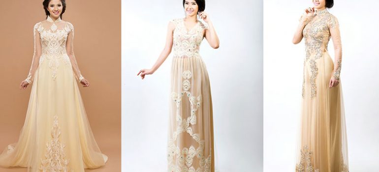 Mẫu áo dài cưới màu nude cho cô dâu